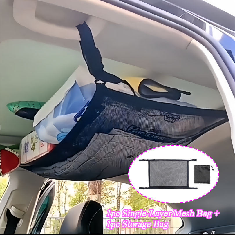 TEMU 1 Set Of 2pcs "includes: Adjustable Individual Car Ceiling Cargo Net Bag And 1pc Car Storage Bag" - Suitable For Suv, Long-distance Travel