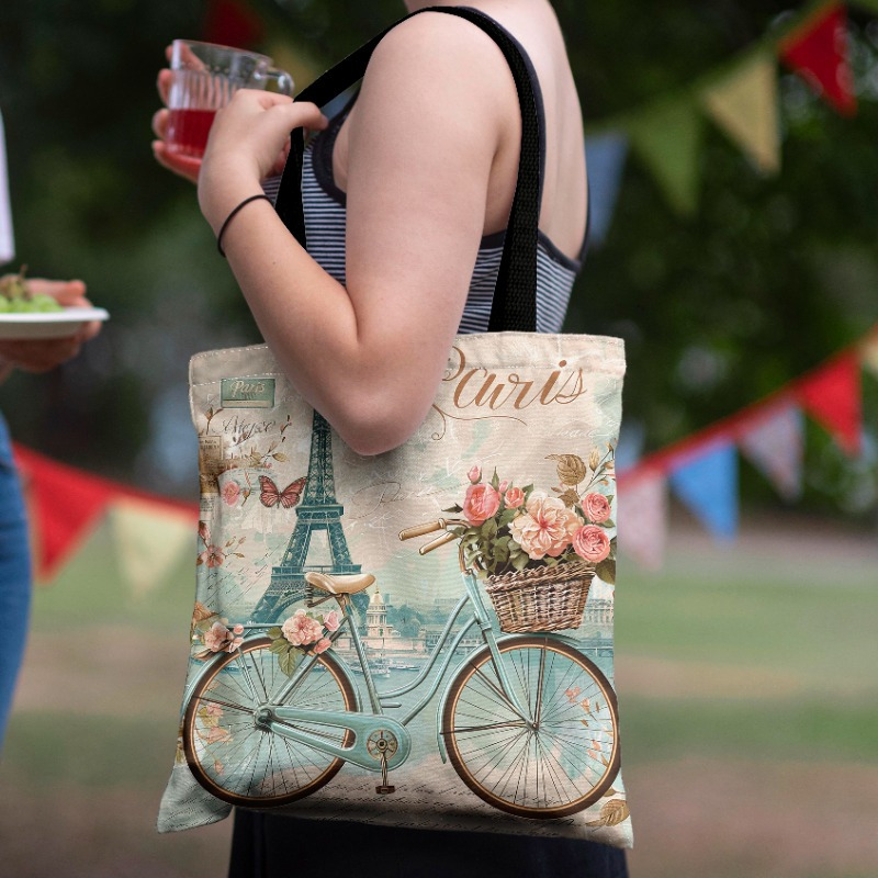 TEMU 1pc Paris Beautiful Tote Bag For Women | Durable Shoulder Bag With Romantic Eiffel Tower, Cycling, And Floral Print | Large, Foldable, And