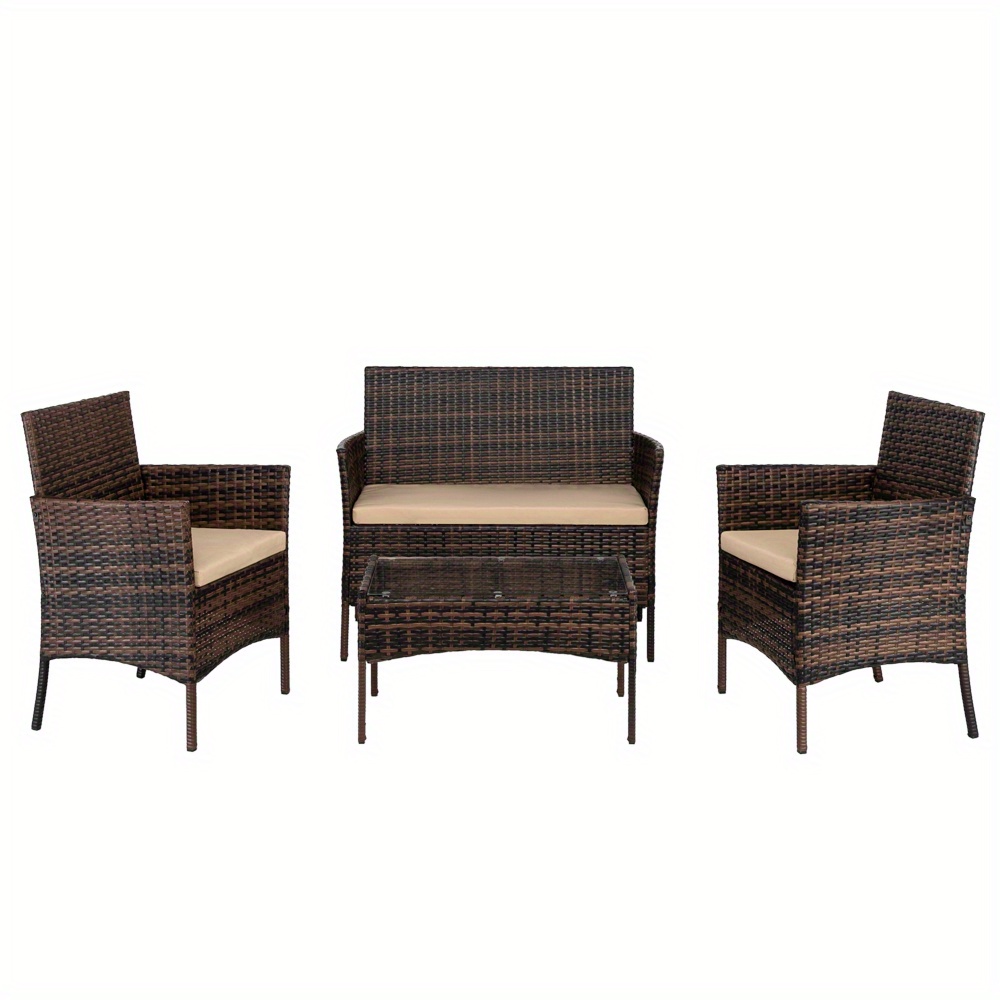 2pcs Single Sofa And 1pc Double Sofa And 1pc Coffee Table Armrest Fully Woven Brown Gradient Rattan Seat Cushion Vacuum Packaging Woven Rattan Set