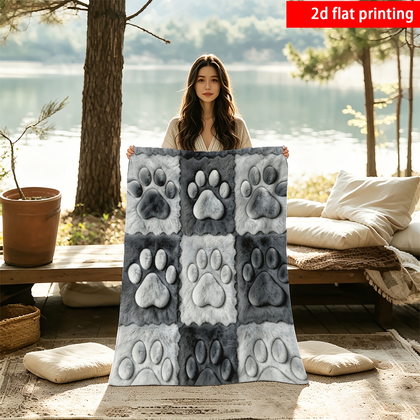 TEMU Impression 2D à plat, 1 pièce, Couverture en flanelle à empreintes de pattes d'animaux, avec empreintes de pattes et gris foncé et un motif à ,