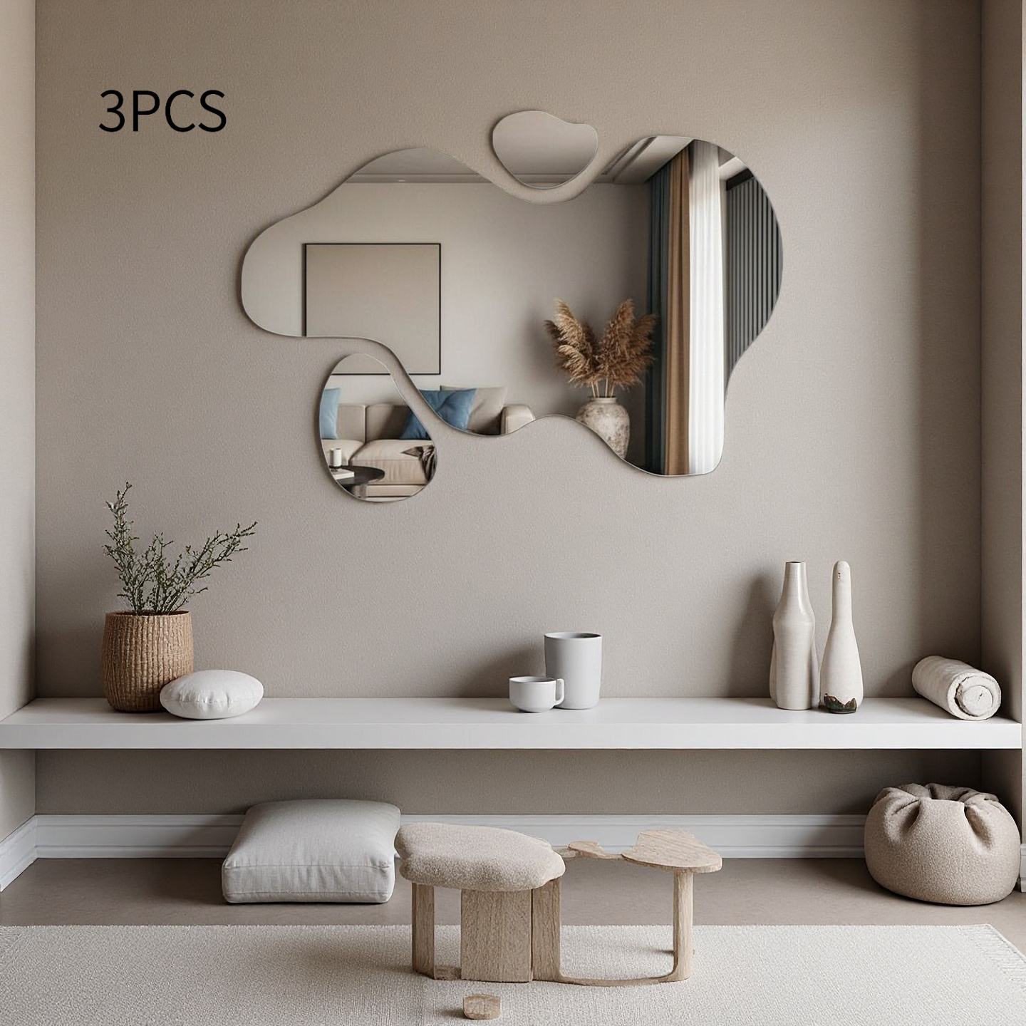 3pcs Set Featuring Irregular Geometric Shapes with Artistic Tension. The Beveled Edges Showcase Exquisite Polished Craftsmanship, While the Frameless Design Enhances Simplicity and Elegance. High-definition Mirror Provides Clear, Distortion-free