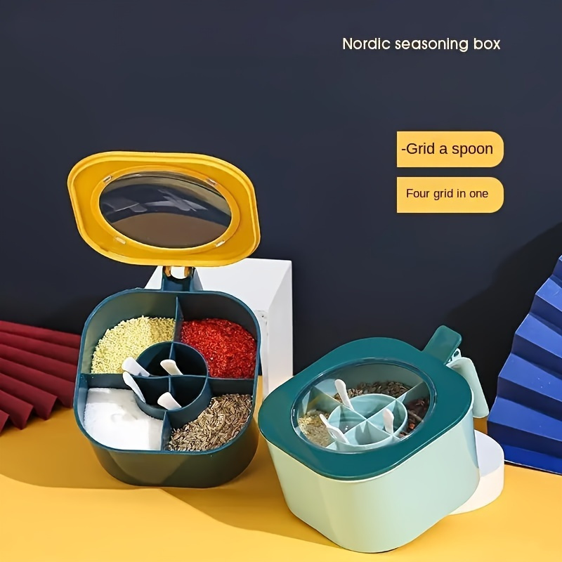 Caja de condimentos de gran capacidad 4 en 1 con tapa y cuchara - Material ABS duradero, caja de condimentos de cocina doméstica multifuncional con tapa integrada de cuatro compartimentos para almacenamiento de azúcar, MSG, sal, adecuada para la organización de la cocina del hogar, frasco de sal, práctica