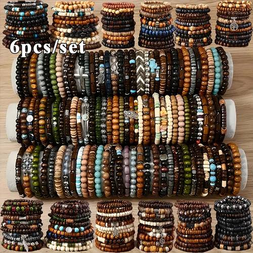 gift for her him 6pcs set boho chic multi layer wood beaded bracelet set elastic wooden bracelet mixed colors with coconut shell accents perfect gift for