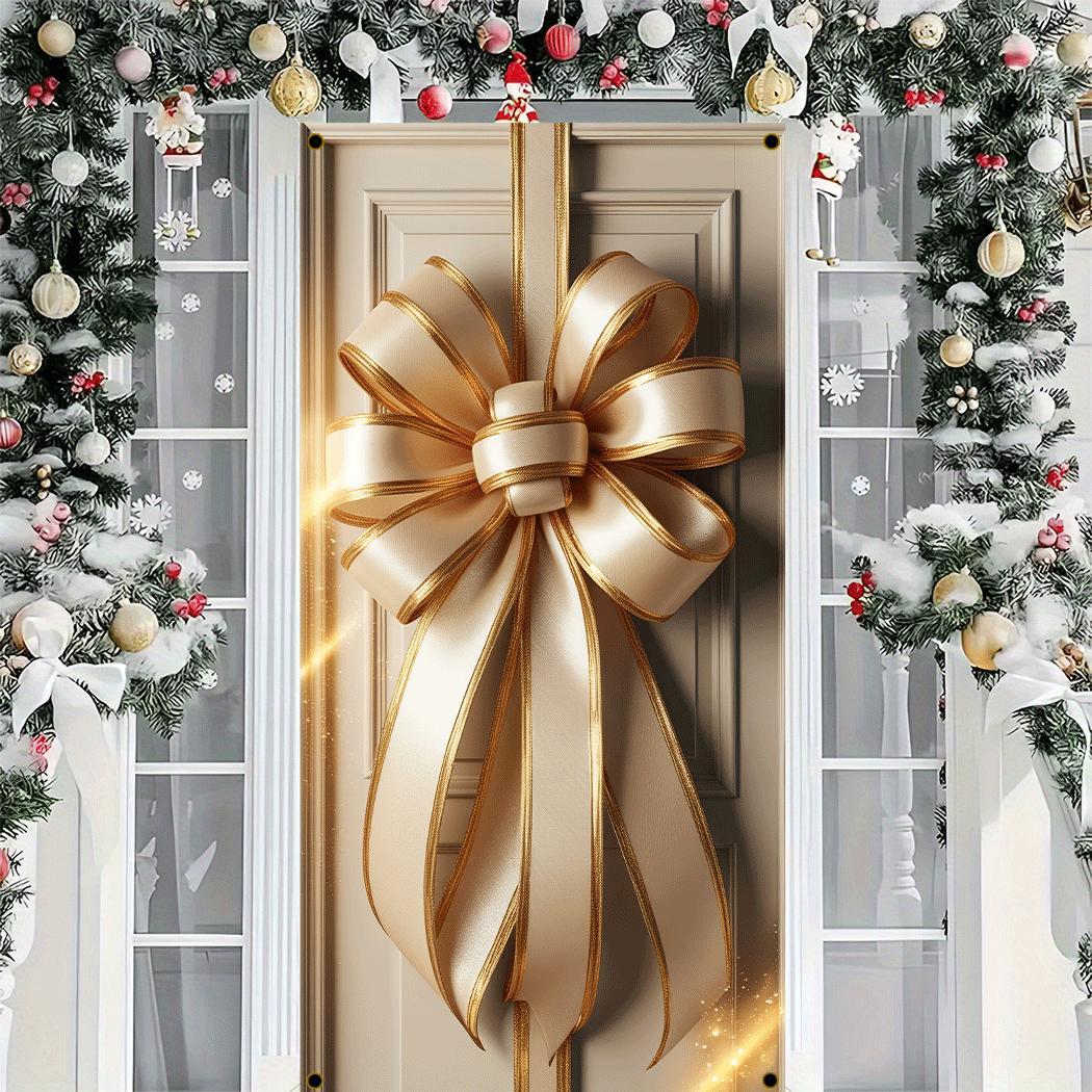 

1pc Large Door Wreath, Polyester Christmas Decoration, Festive Indoor/outdoor Decorative Ribbon, No Electricity Needed, Ideal For Home & Party Decor