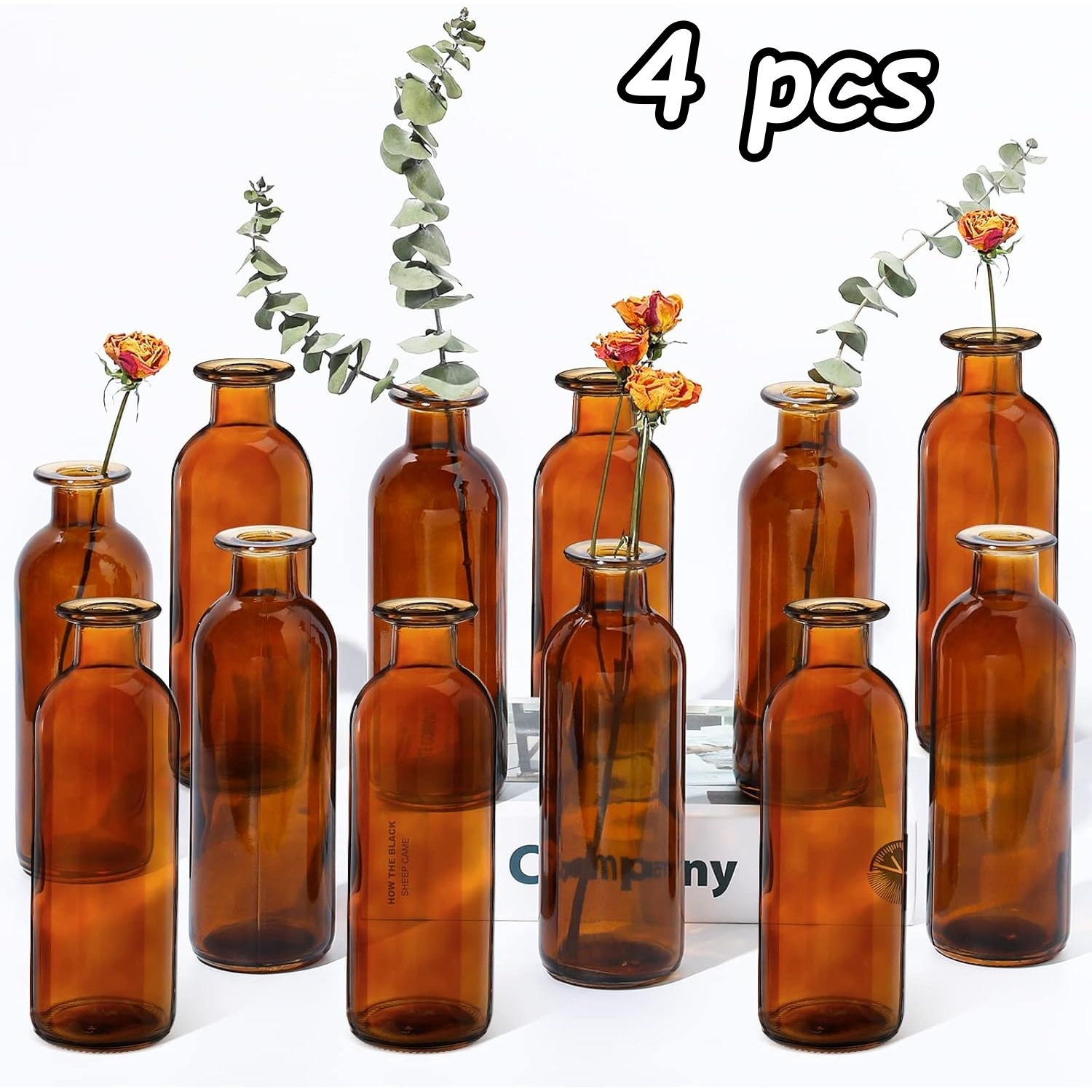 TEMU Set Of 4 Vintage Glass Vases In Bulk, Small Vases, Elegant Decorative Centerpieces, Suitable For Wedding Receptions, Home Table Decorations, And