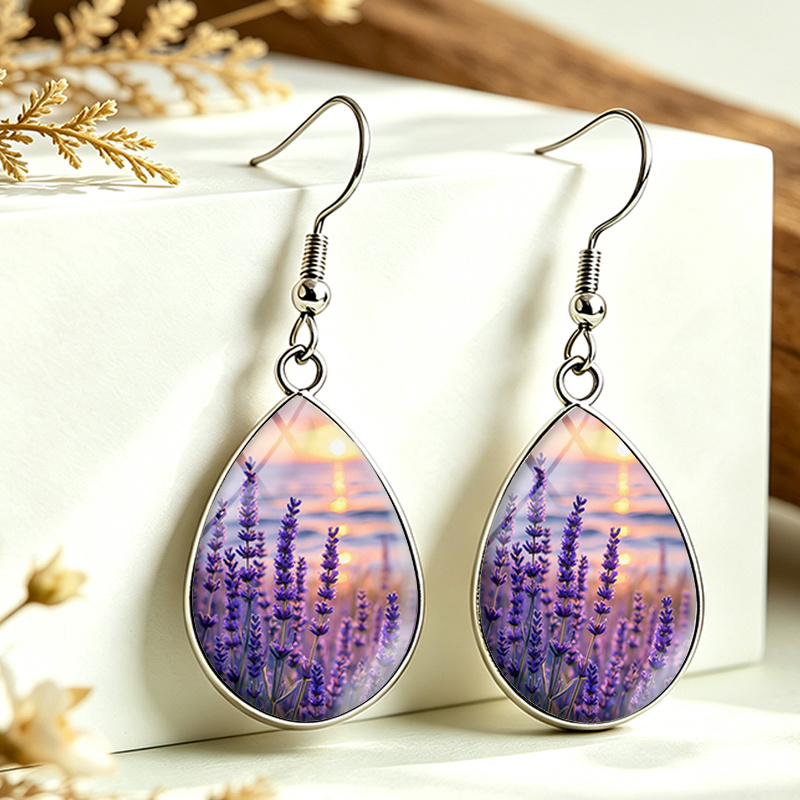 TEMU 1 Pair Seaside Sunset Tear Drop Glass Cabochon Earrings Fashion Unisex Jewelry Gift