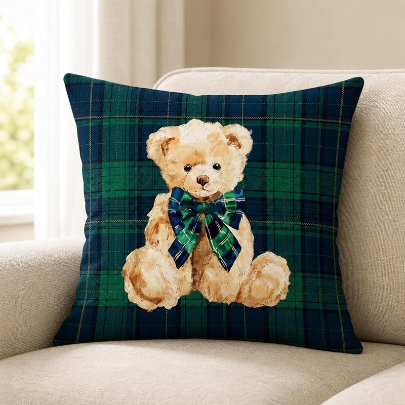 TEMU per cuscino 1 pz con motivo a orso con papillon a quadri , accento per un' in camera da letto con per cuscino, quadrata in poliestere e per