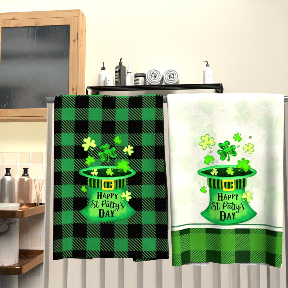 2pcs     s day tea towels - 45.72x66.04cm  ,   absorbent polyester dish towels with leprechaun hat & shamrock design, ideal for home & gift, festive kitchen decor, kitchen towels details 0