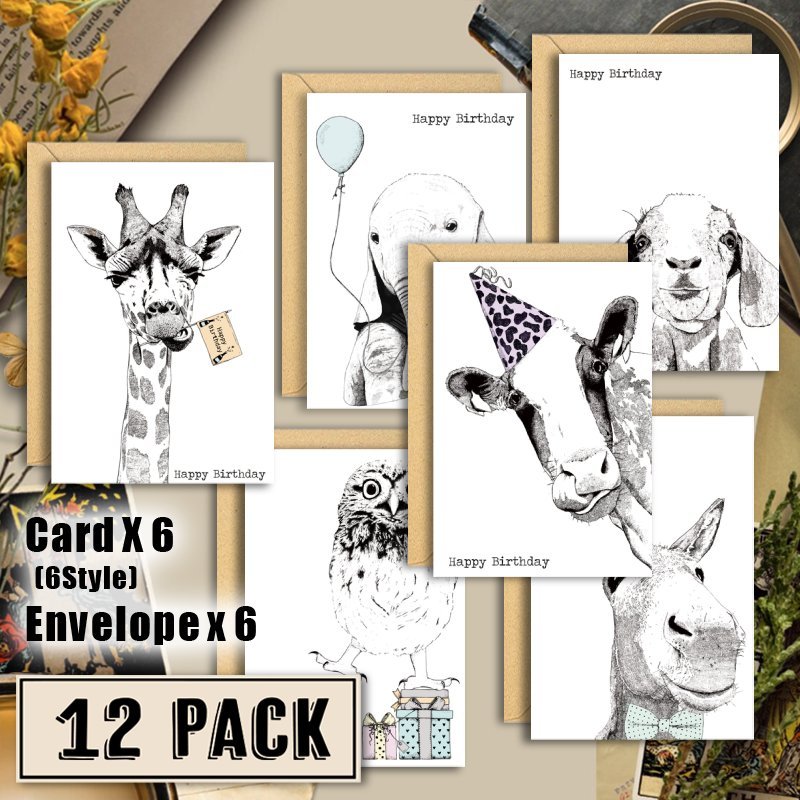 

12pcs/set, Cute Animal Birthday Cards With Envelopes, 6 Animal Illustrations Designs Birthday Card Bulk, , 12pcs