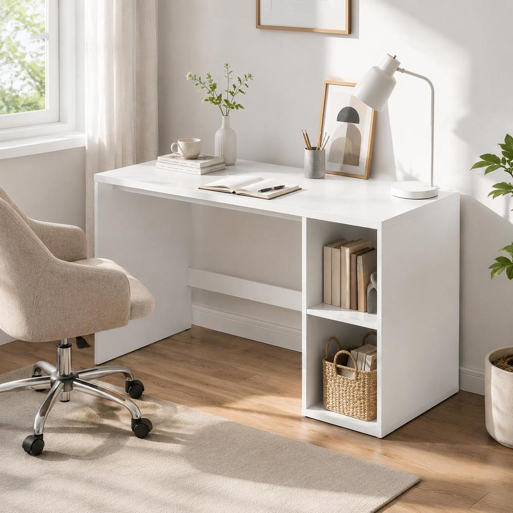 Image of 112x60cm Gaming Desk, White Wooden Workstation With 2 Shelves, Spacious Worktop For Home Office, Bedroom, Writing And Makeup, 75cm High
