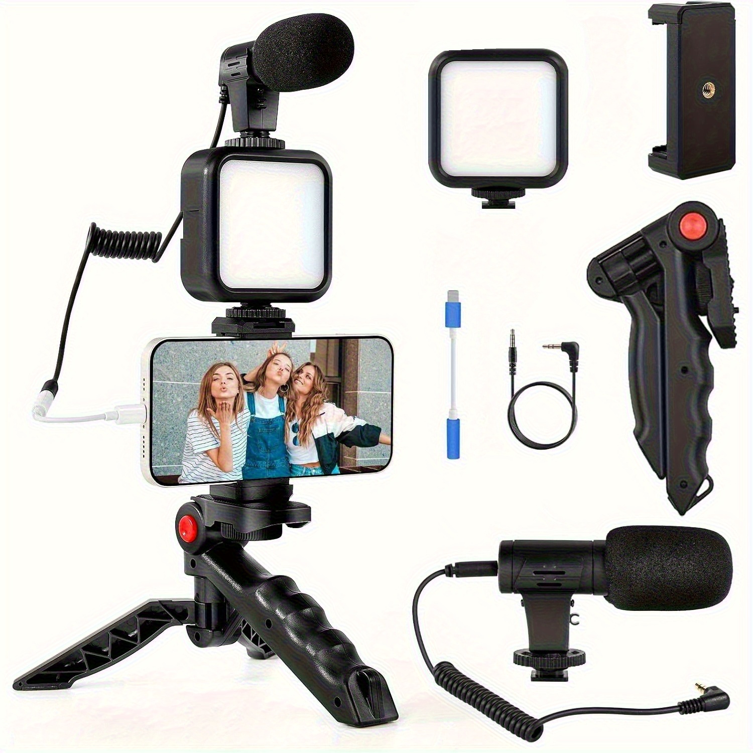 Vlogging Kit for Phone with Mini LED Light, Cardioid Microphone, Phone Clip, and Tripod for Streaming and Content Creation