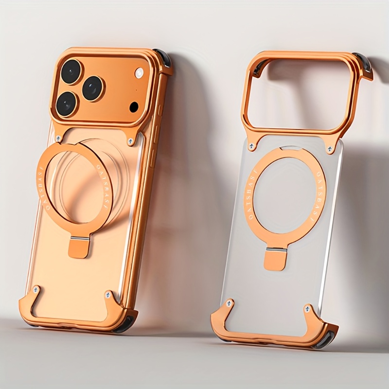 phone case casual transparent phone case for iphone 17 pro and 17 pro max with 360 rotate aluminum alloy stand ultra thin frameless design with anti drop protection   in   golden and orange Product details 6