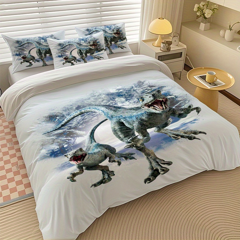 TEMU 2/3pcs Blue Velociraptor Print Quilt Cover Set, Quilt Cover Set Contains Quilt Cover And Pillowcases - Bedroom, Bedding, Decoration | Machine