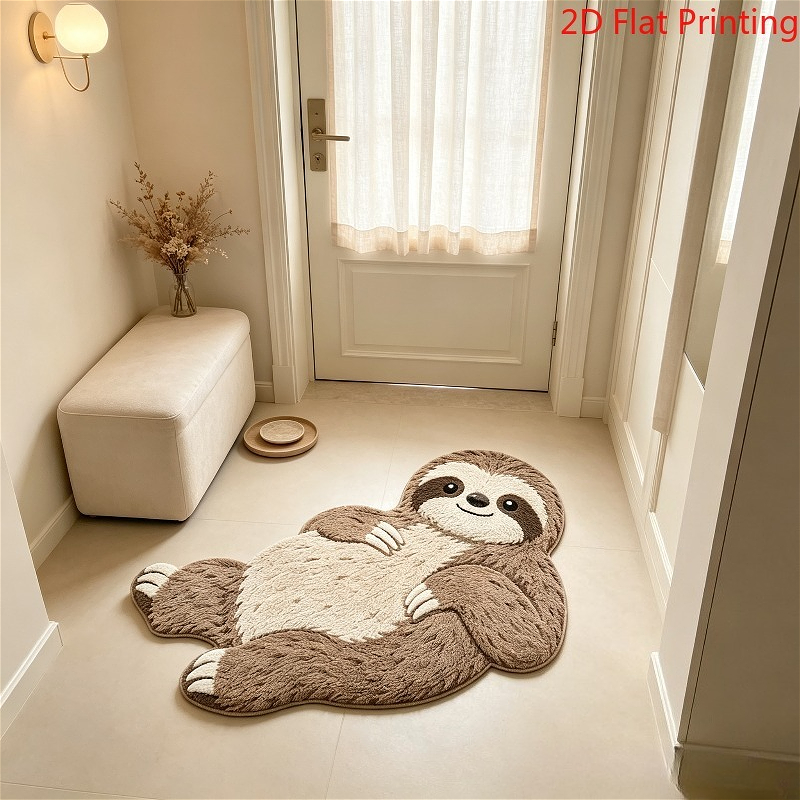 TEMU Aimzzasky Plush Carpet Suitable For Bedroom & Living Room, Non-slip Adhesive Backing Rug With Sloth Design, Cream Suitable For, Room, Bathroom,