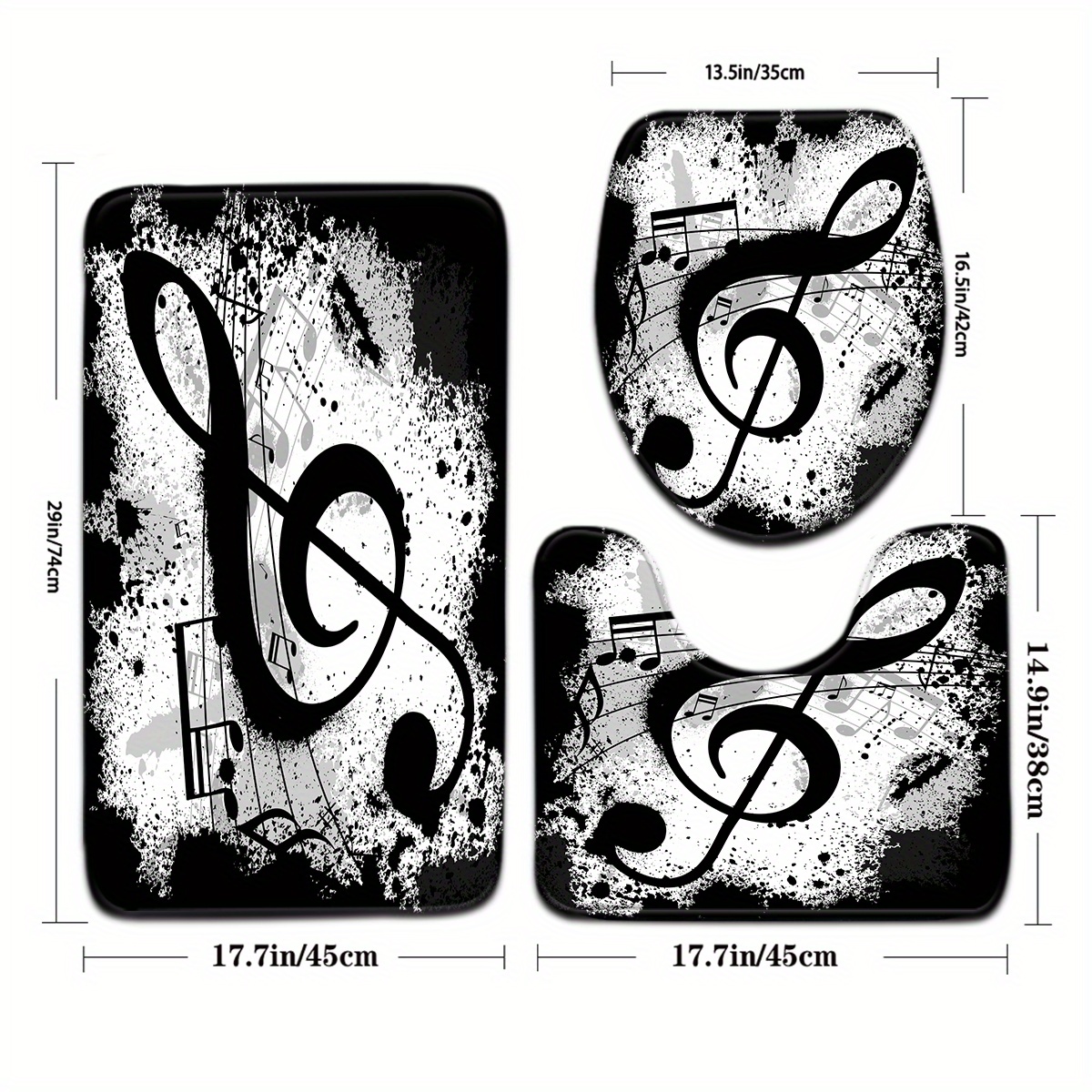 3pcs Black And White Musical Note Pattern Bathroom Mat Set With Toilet Lid Cover And U-shaped Foot Mat