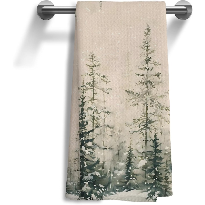 TEMU 1pc Winter Snow Tree Kitchen Towels - Large 18x26 Inch Snowy Woodland Dish Cloths, Soft Farmhouse Bathroom & Christmas Decor, Scandinavian Style