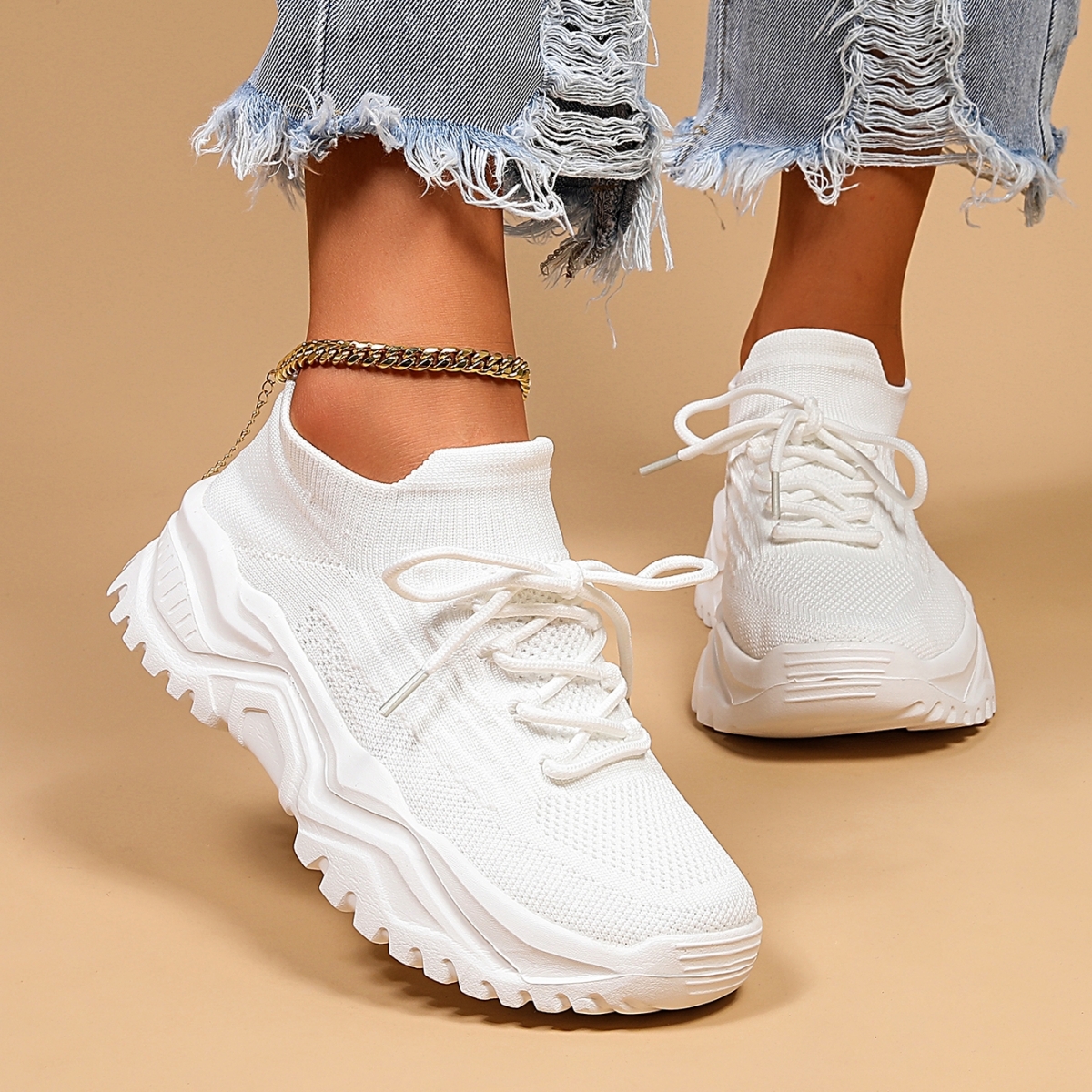 TEMU White Thick-soled Breathable Sports Shoes For Women, Comfortable Casual Shoes With Height Increase, Lightweight Cushioning Running Shoes., Women
