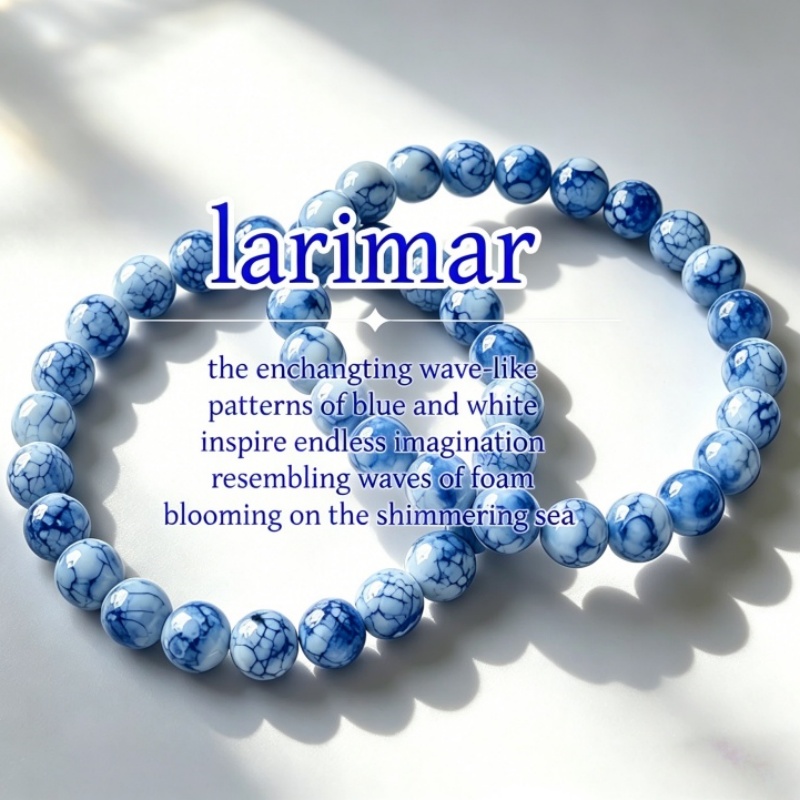Image of 2pcs Blue Agate Bead Bracelet With Marble Design, Handmade Elastic Beads, Suitable For Daily Wear, Best Gift For , Anniversary Gift