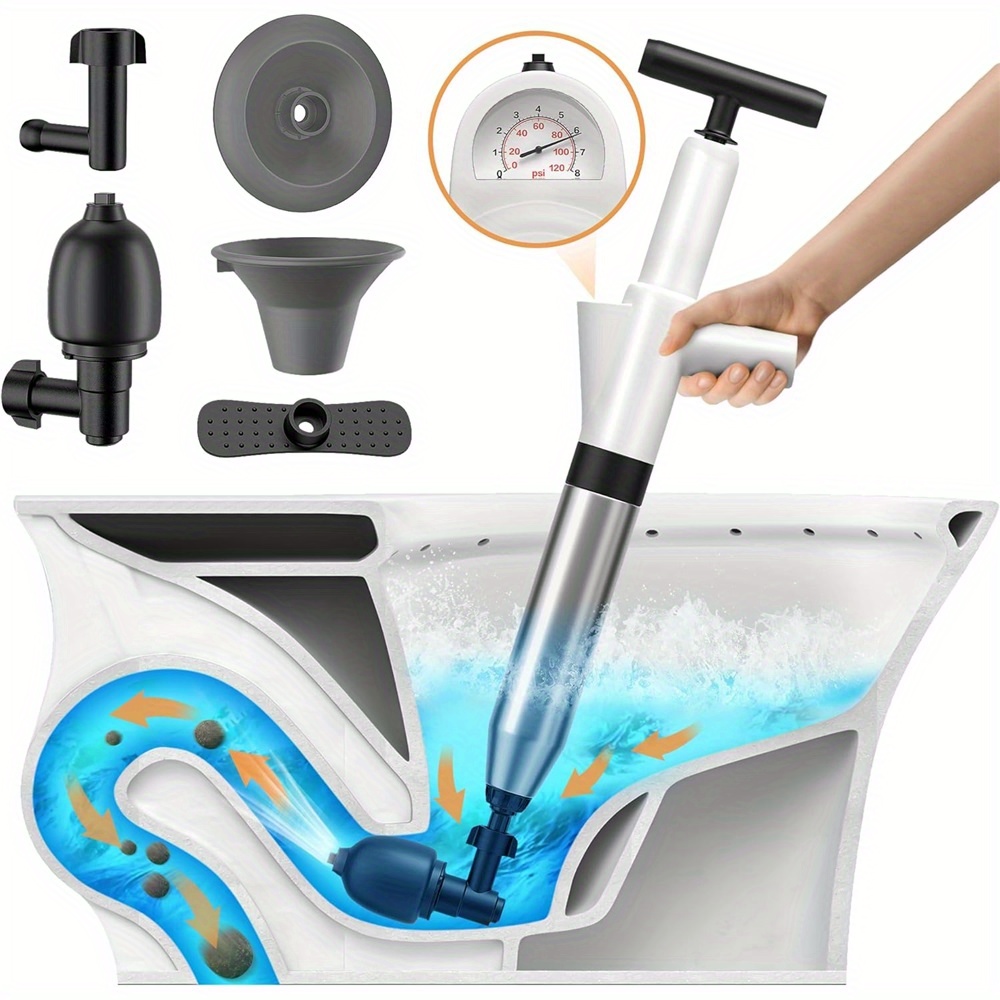 Pipe Cleaner With Visual Pressure Gauge Plunger For Toilet/sink/bathtub/floor Drain/pool
