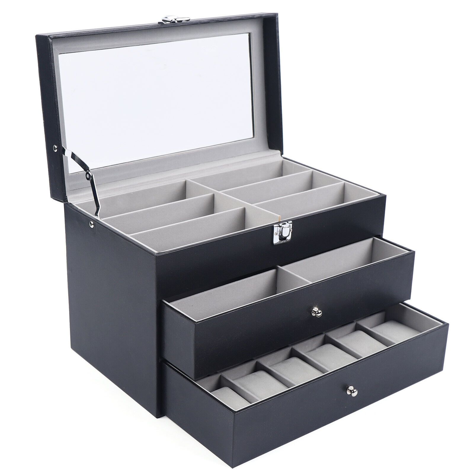   24-Slot 3-Layer   Leather Watch & Glasses Display Case with Large Glass Lid, Golden-Tone Hinges & Soft Cushioned Compartments -   Organizer Box for Home, Store,   - Secure Storage for 24 Watches/Glasses, Durable Rectangular Design, Ideal Gift for Collectors, Home Decor, Stylish Storage, Premium  ,   Construction, Fashion Enthusiasts, Collectors Item, Watch Box, Watch Band Organizer Case, Pocket Watch Display Case, Watch Organizer Box