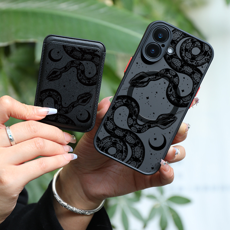 E-shop Handyhülle - 2 Stück 1 Set & Modische Luxus All-Inclusive Stoßfeste Schwarze Schlangenmuster für iPhone 16 15 14 13 12 11 Pro 8 Plus Magnetische