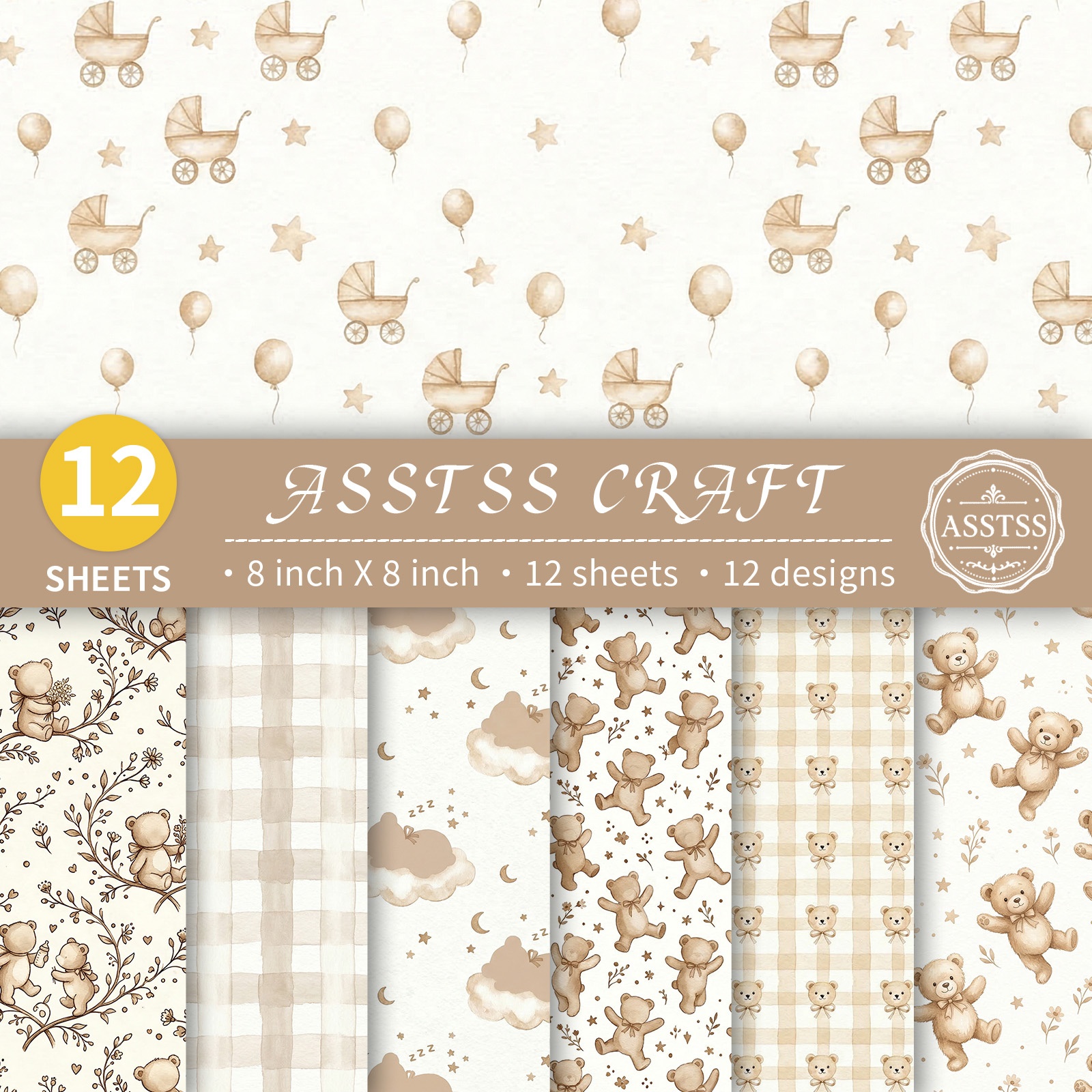 TEMU Bloc de papier épais pour scrapbooking ASSTSS de 12 feuilles, adapté au journaling, à du collage, aux loisirs créatifs de baby shower - Papier