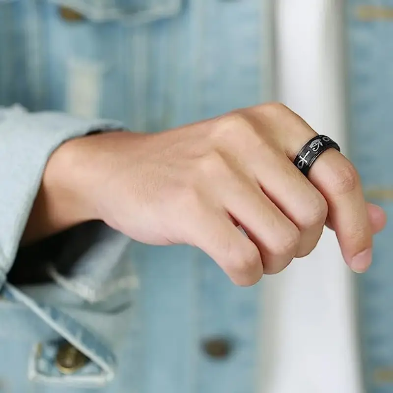 elegant titanium steel ankh cross rotating ring stress relief single ring for men black synthetic stone daily wear gifting on valentines day st patricks day easter vacation occasion without battery Product details 5