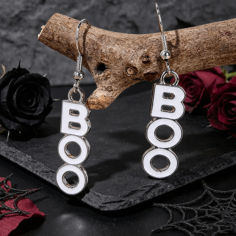 TEMU 1 Pair Halloween Creative Cartoon "boo" Letter Earrings, White "boo" Letter Earrings For Halloween Parties, Women's Fashion Dangle Earrings,