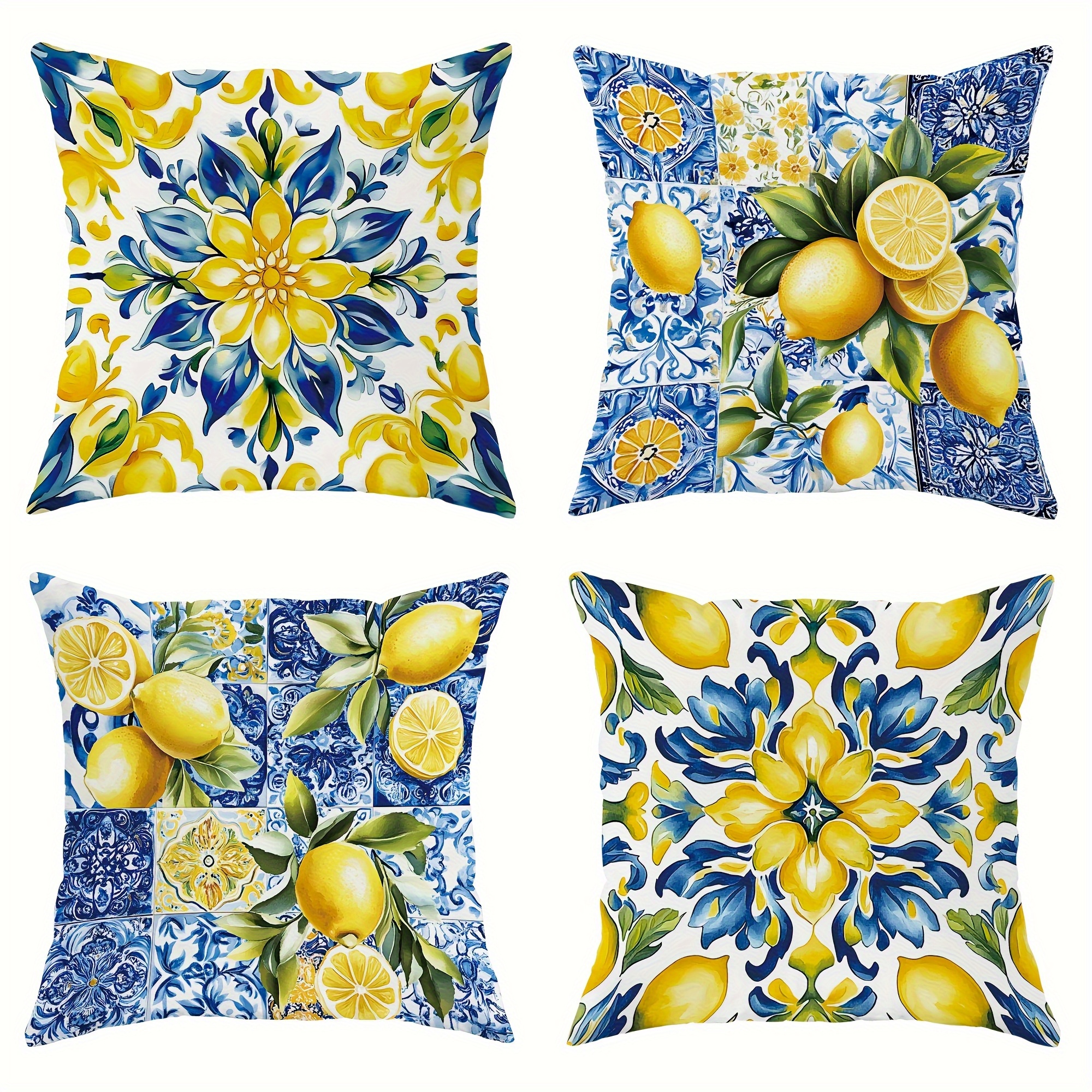 TEMU 4pcs Modern Summer Lemon Print Pillow Covers - Soft Decorative Throw Pillow Cases With Zipper Closure, Vibrant Floral & Blue-and-white Porcelain