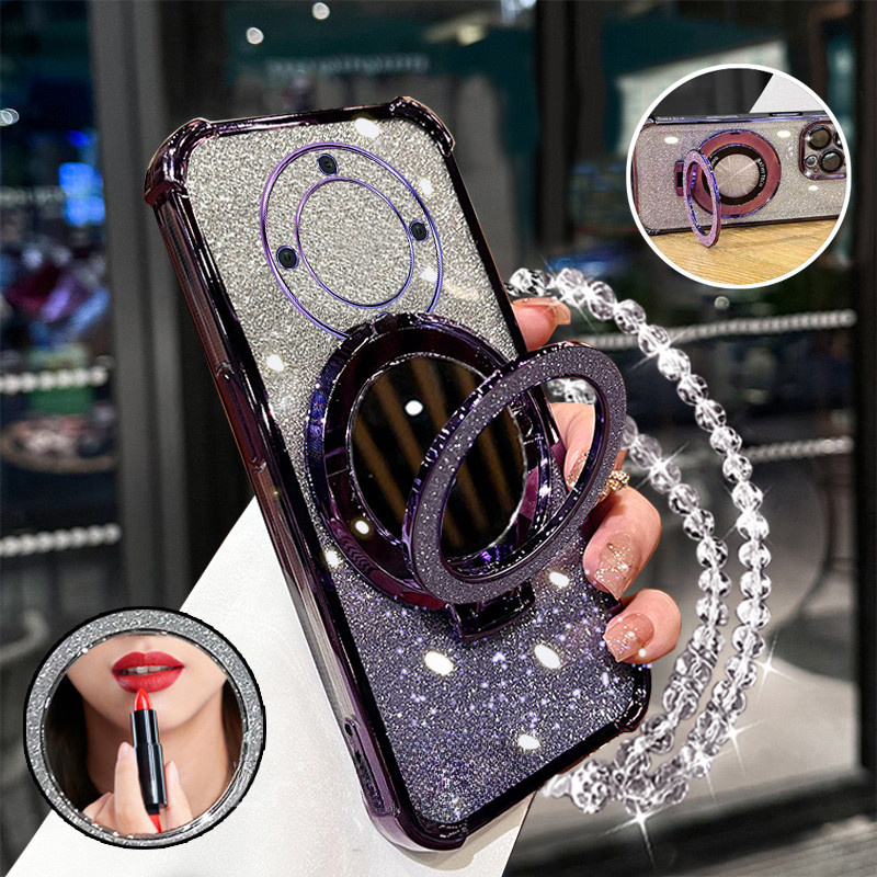 TEMU Phone Case: Magic 6 Lite/ Magic 5 Lite Phone Case 4 Corner Glitter Makeup Mirror Holder New Transparent Crystal Bracelet