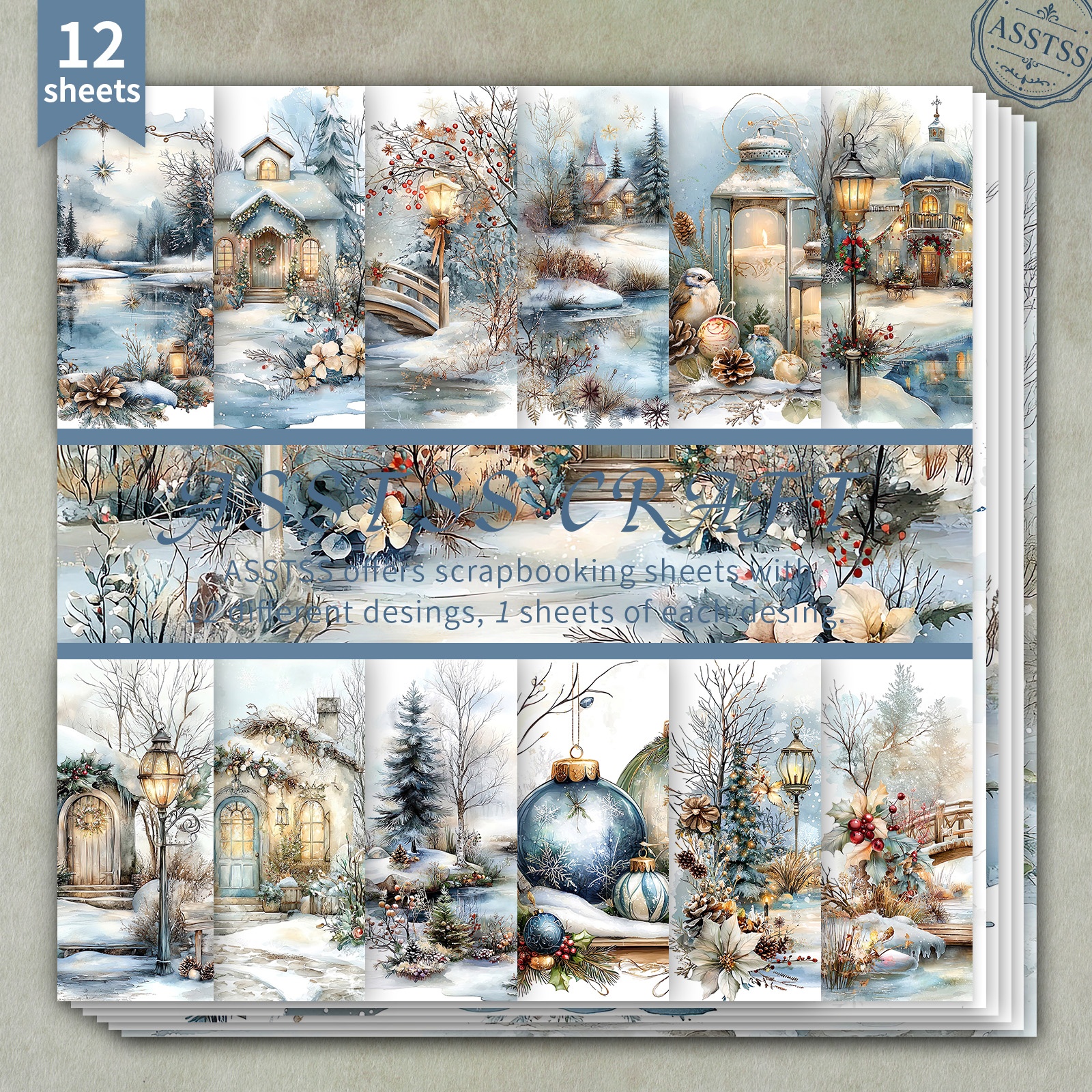12 listov ASSTSS 6X6 palčni blok papirja za scrapbooking, božični kul akvarelni zimski snežni stil podložni papir pripomočki, težki karton za