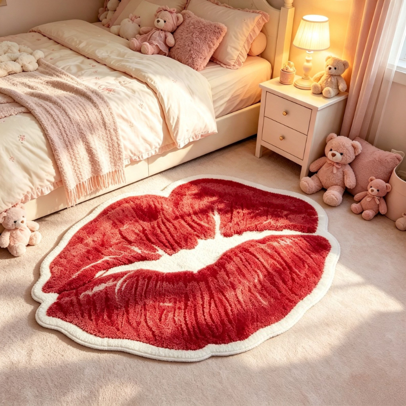 TEMU Faux Cashmere 900g 1pc Red Lips Living Room Window Niche Carpet Easy Creative Irregular Bedroom Decorative Carpet American Individual Home