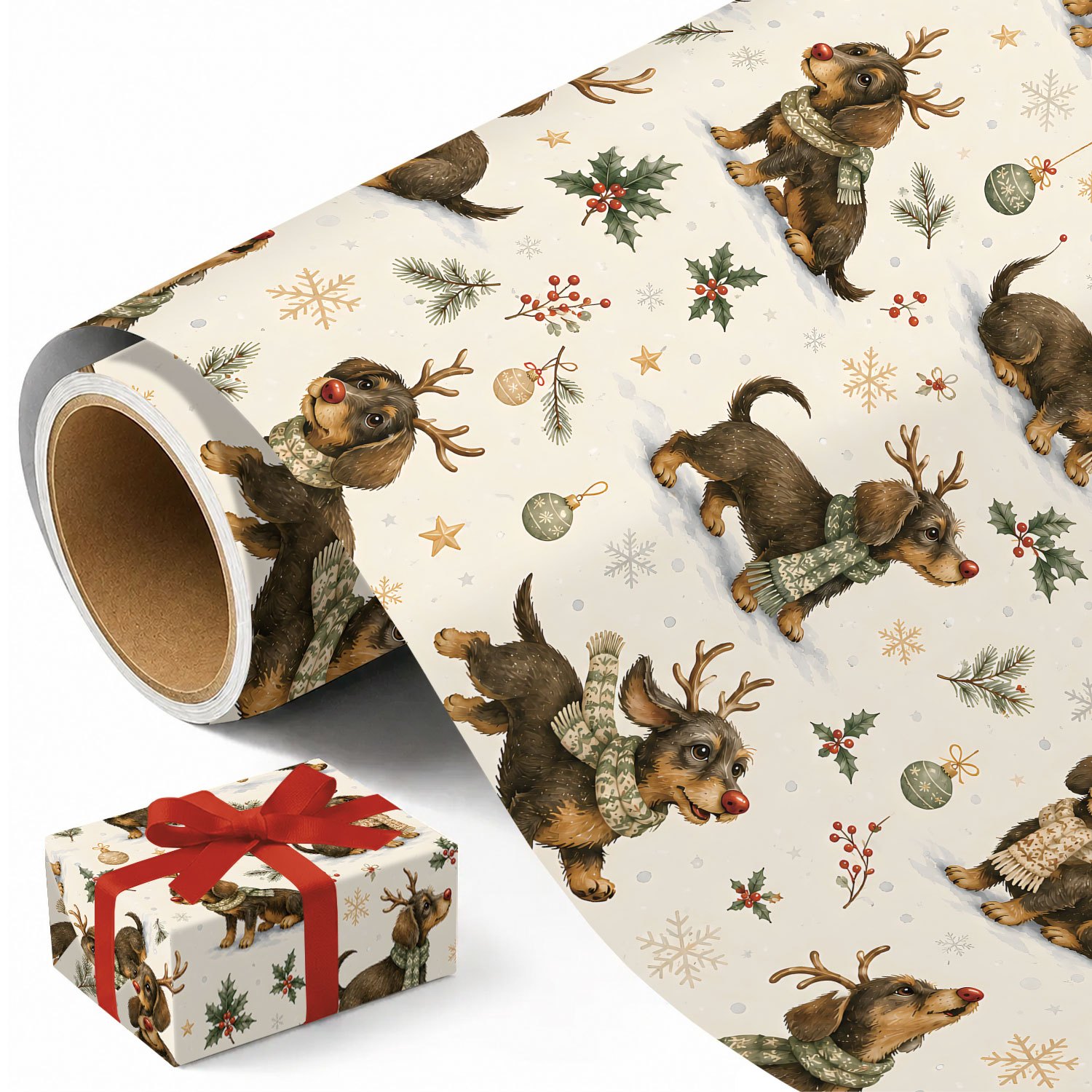TEMU Rollo de Papel de Regalo Navideño de Perro Salchicha Adorable - 17.7 X 118 Pulgadas, Envoltura de Regalo Renos y Perros, Diseño de para Regalos