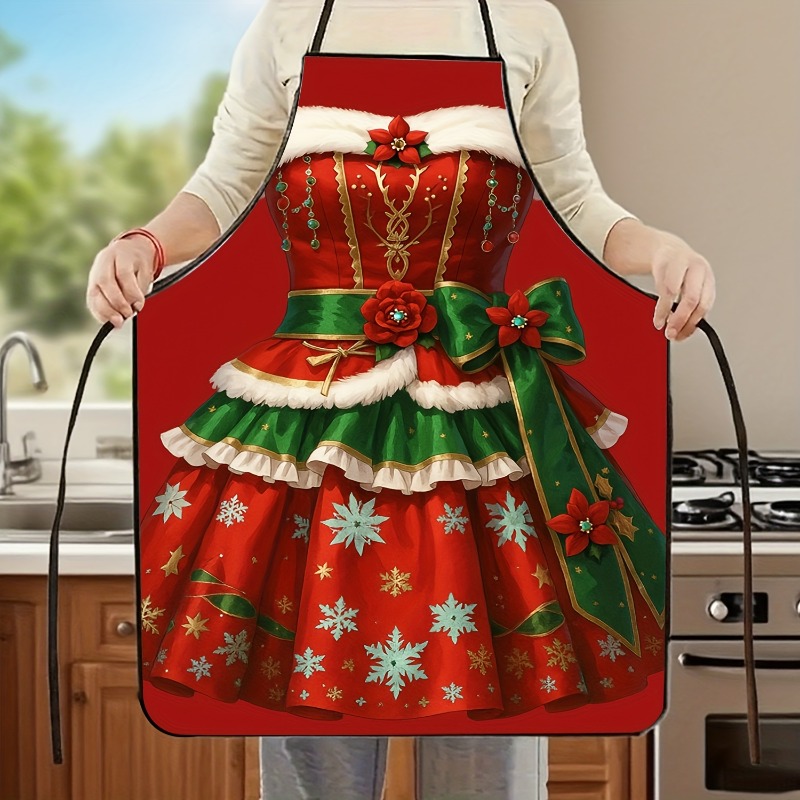 TEMU 1pc Printed With Christmas Dress Pattern Festive Apron - Red And Green Lace-up Snowflake And Bow Decoration Pattern, Suitable For Christmas