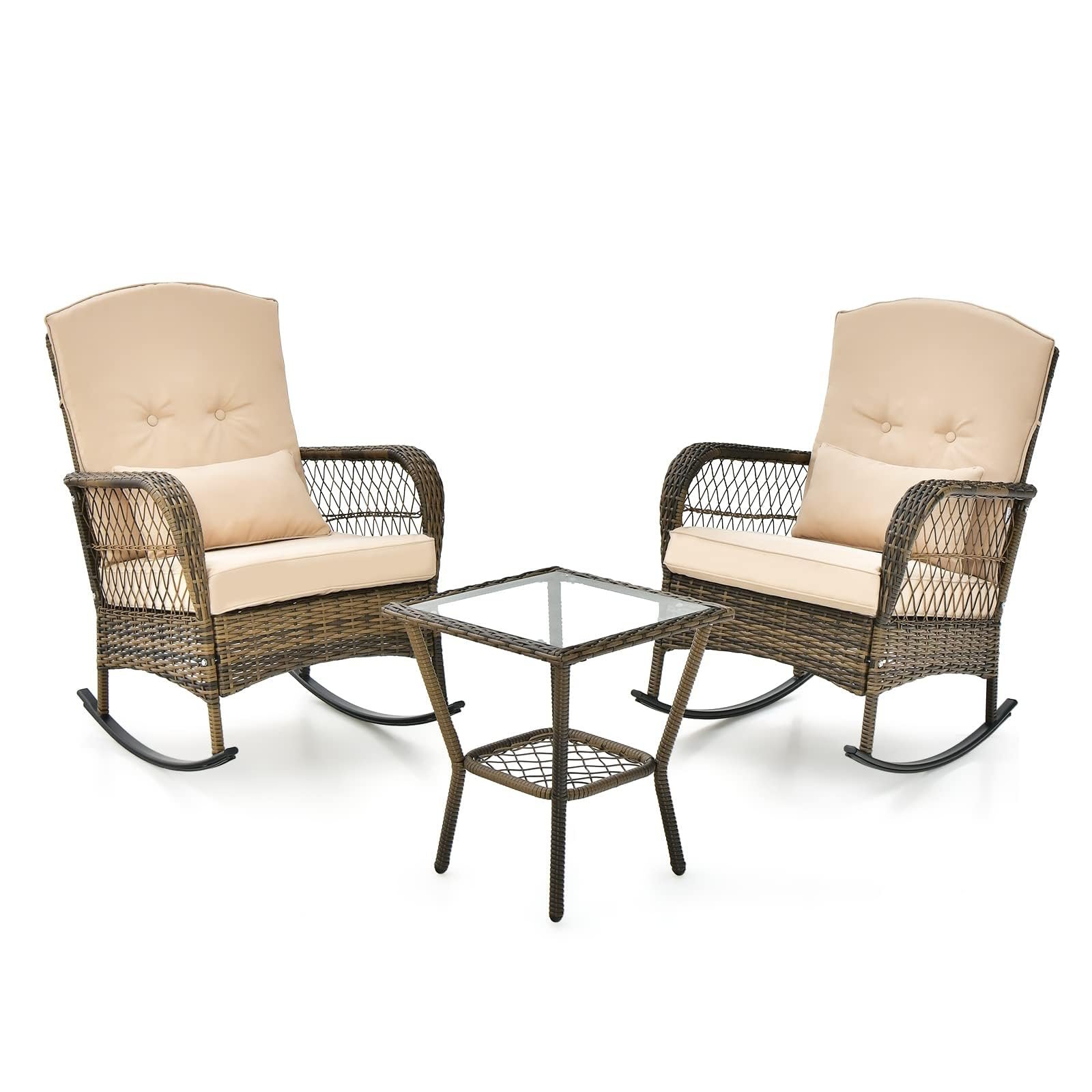 2026 New Courtyard Dining Tables and Chairs, 2pcs Outdoor Wicker Rocking Chair Set, Rattan Rocking Chair with Thick Cushions & High Back, All-Weather Wicker Rocking Bistro Set for Porch, Patio, Balcony