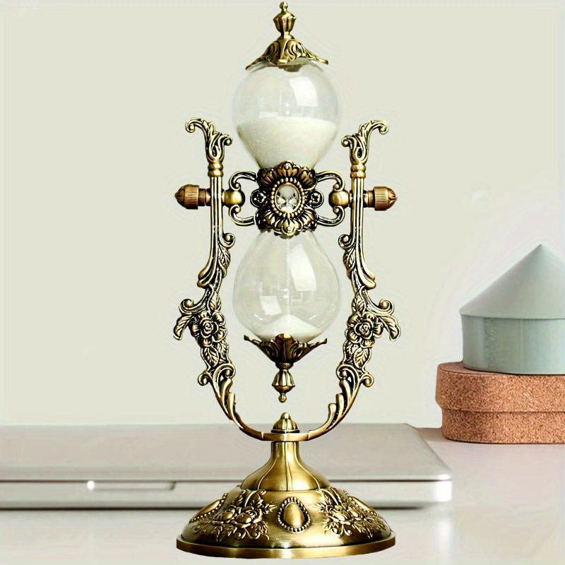 Image of 1pc Elegant Vintage Style Timer With Engraved Brass Frame- , 360° Rotating Metal Hourglass, Perfect For Home And Office Desk Decoration, Unique Gift