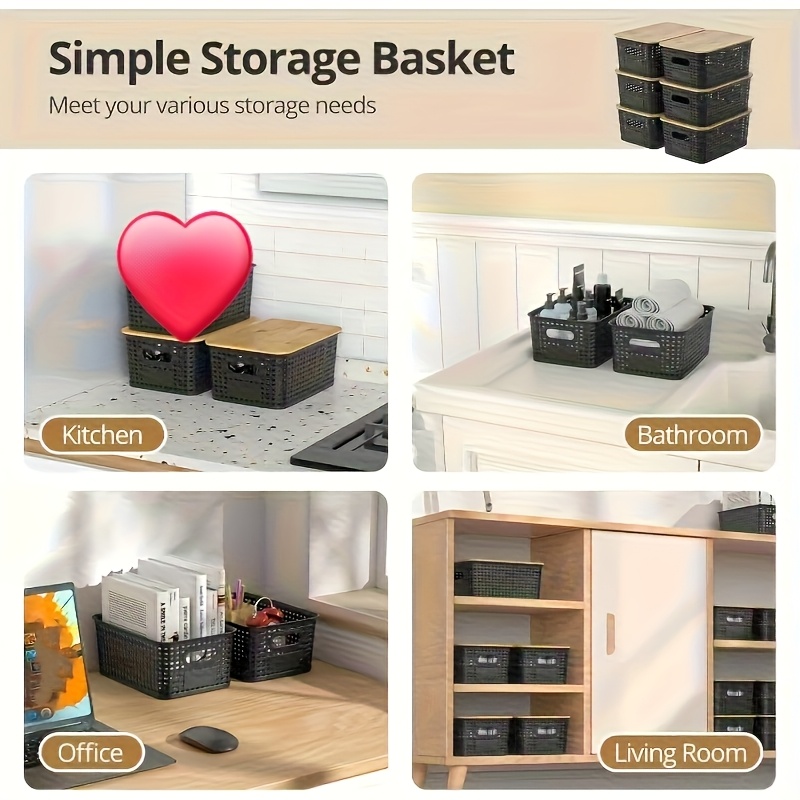 5pcs Lidless Stackable Black Plastic Storage Baskets
