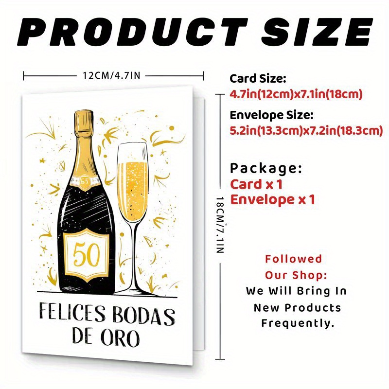 TEMU 1 pieza, Tarjeta elegante de española (12 cm x 18 cm) - 50º de oro, diseño de botella y de champán dorados, regalo romántico de y San Valentín