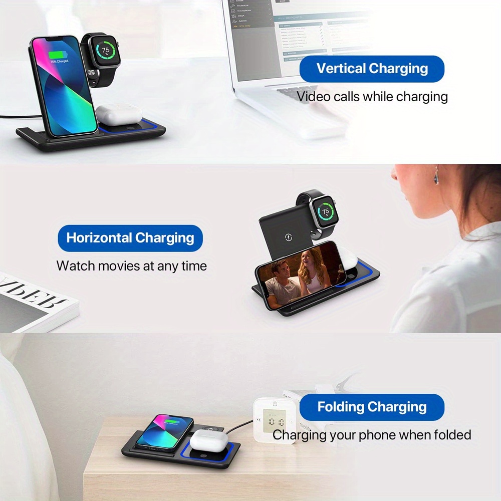   de carregamento sem fio dobrável 3   com saída de   de 15w - ideal para iphone 16, 15, 14, 13, 12, 11/pro/max/mini/plus, x, xr, xs/max, se, 8/plus,   watch 1-9,   3/2/pro,   de carregamento de   |   de carregamento moderna | design dobrável,   de carregamento sem fio 5