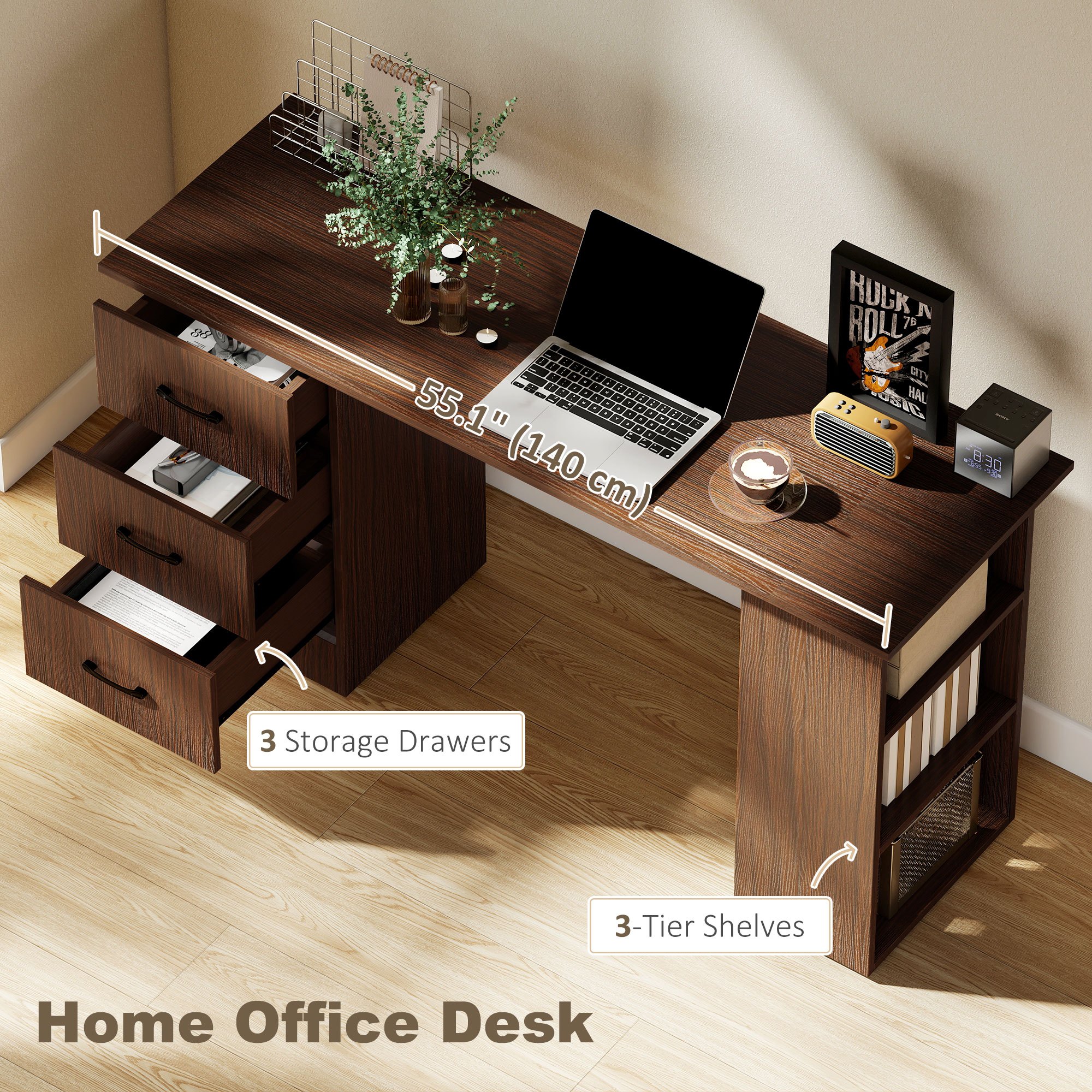   computer desk with 3 tier storage shelves walnut     freestanding utility drawers brown color