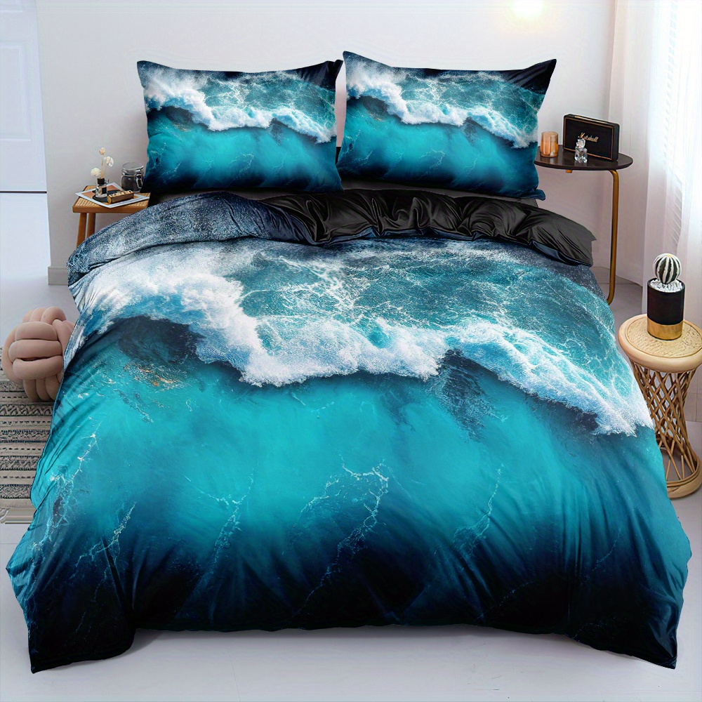 2/3pcs 3d Duvet Cover Set Featuring A Blue On A Black Background, Includes Ocean Wave Elements In The Bedding (size 135x200 With 1 Pillowcase)