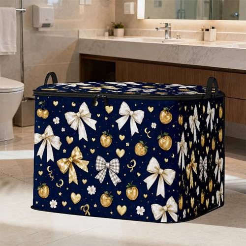 photo de l'article boîte de rangement imprimée en tissu plat 2d, douce et apaisante, boîte de rangement bleu marine avec nœud de fruit doré, pliable pour gagner de la place/empilable, rangement sous le lit/penderie/garage cour déménagement/rangement , rangement de loisirs