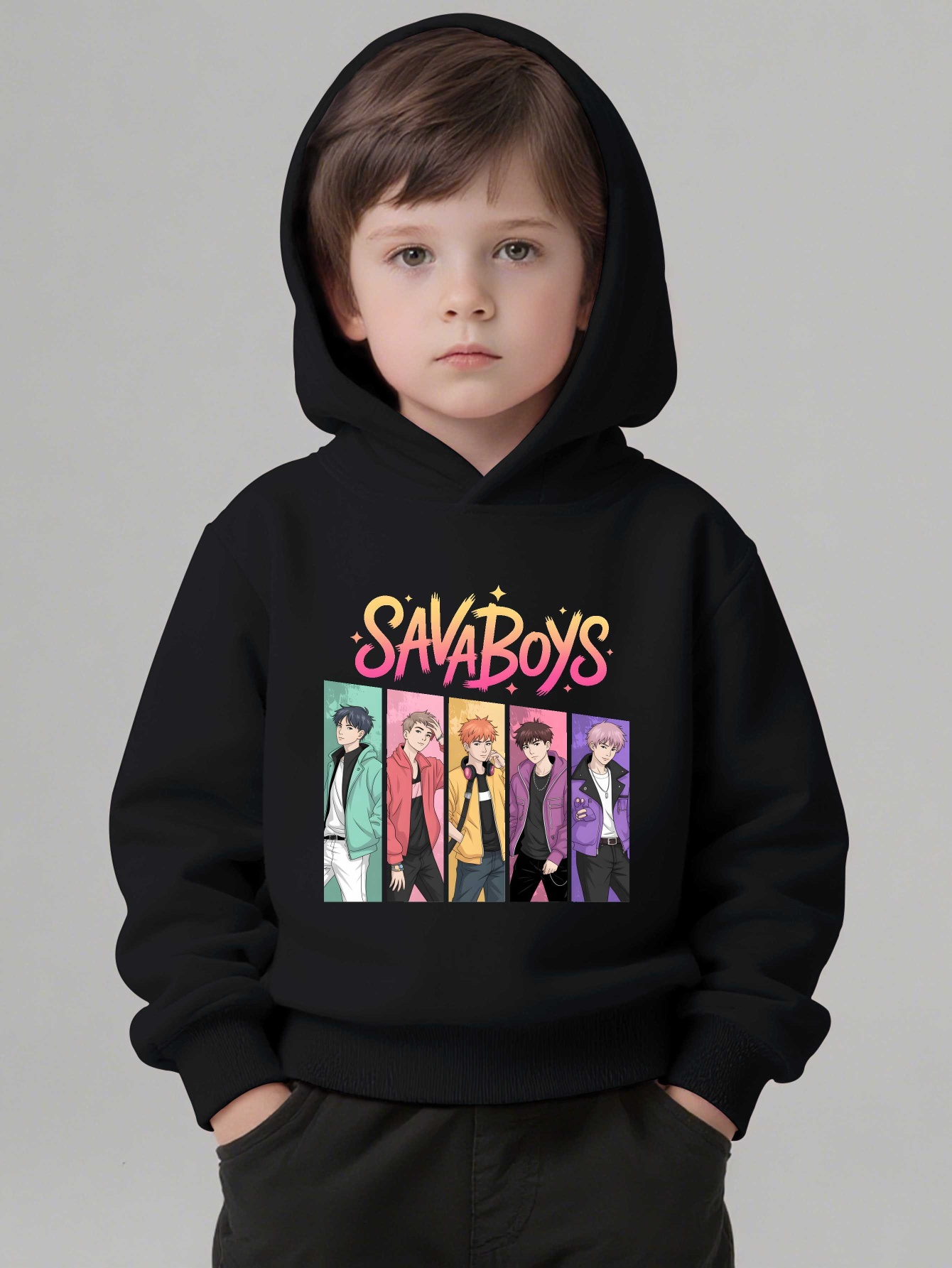 boys korean wave graphic hoodie black pullover sweatshirt Temu