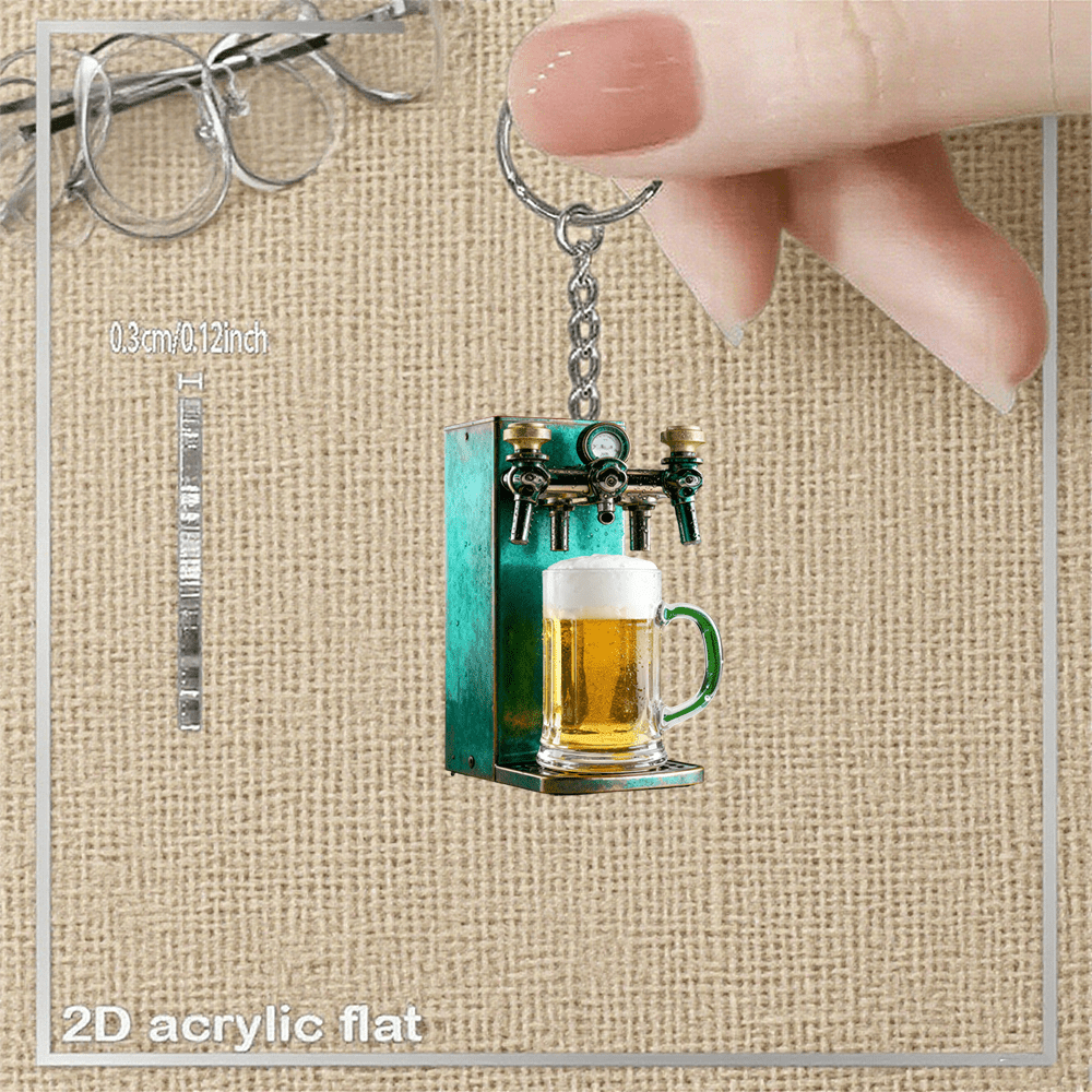 TEMU 2d Flat, 2d Plane- 1pc 2d Plane Colorful Acrylic Keychain| Cute Beer Cup Design, With Green And Golden Accents, Perfect For Car Keys, Backpacks,