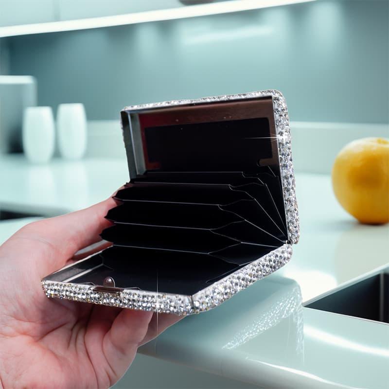 TEMU Silvery Aluminum Alloy Card Holder With Anti-theft Diamond Accents, Luxurious Business Card Case, Compact And Portable Anti-magnetic Card Holder