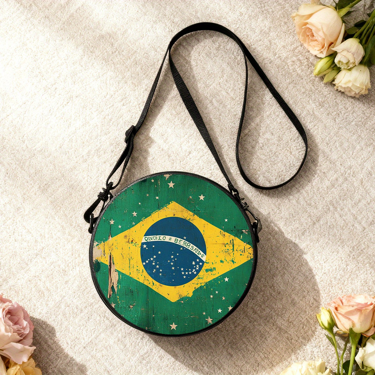 TEMU Bolso bandolera circular con diseño de brasileña, diseñado con colores de brasileña - Correa de ajustable, bolsillo para teléfono, cierre de