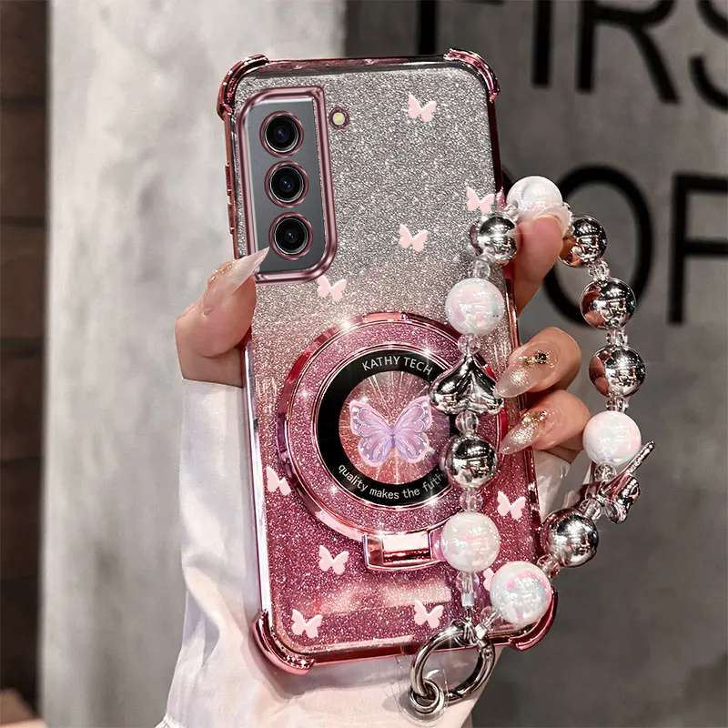 E-shop Handyhülle - Magnetische Glitzer Handyhülle mit luxuriöser Schmetterling Perlen-Armband, Entwickelt für Samsung Galaxy S22 und Galaxy S22 5G,