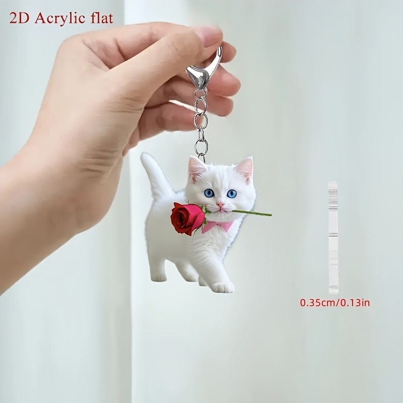 2d Flat - 1 Cute White Kitten Rose Pattern 2d Acrylic Keychain, Suitable For Backpack And Car Key Decoration, Holiday Party Decoration, Ideal Holiday Gift 2d Flat