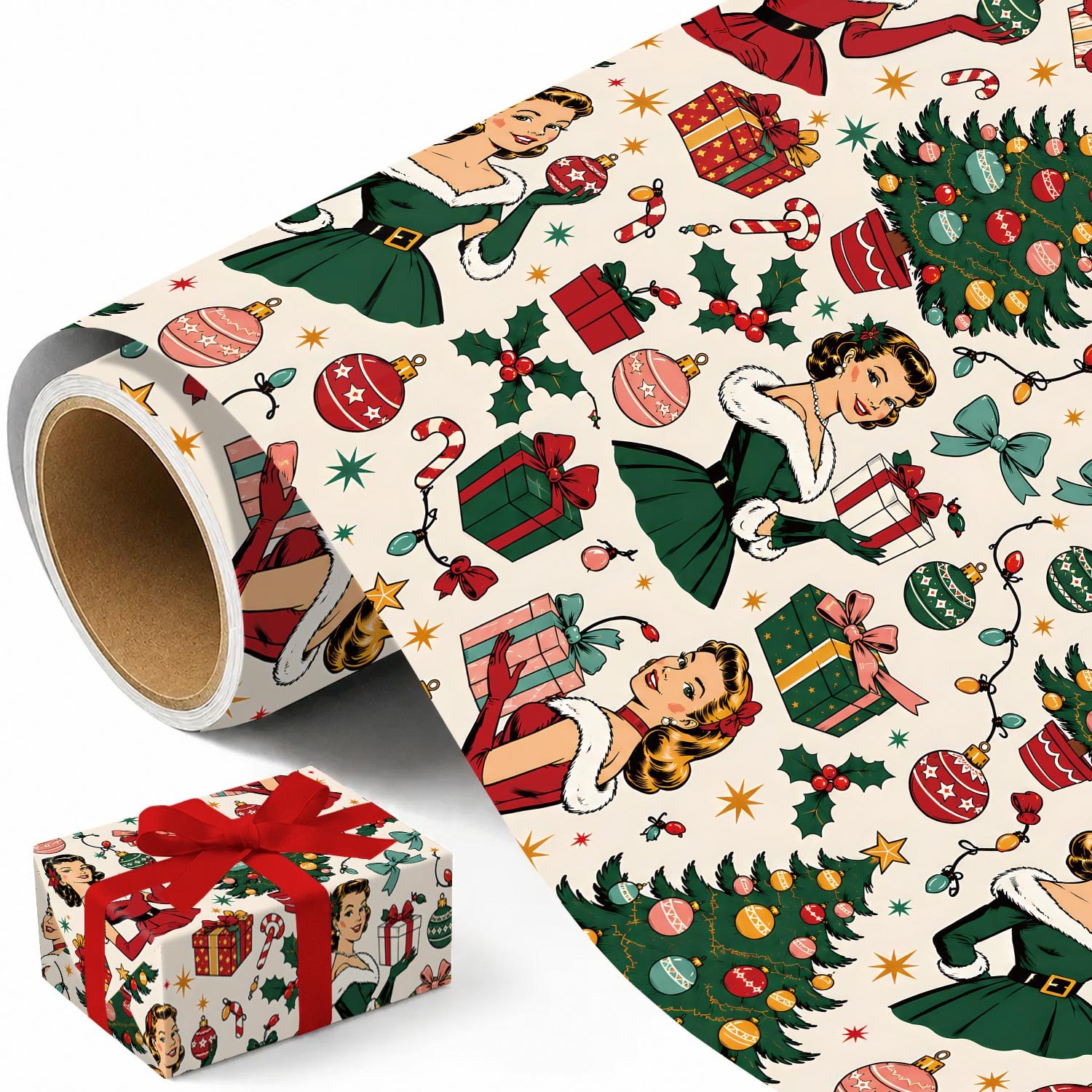 TEMU Rouleau de de Noël vintage - 17,7 pouces x 118 pouces, papier d'emballage de fêtes rétro avec dame de Noël , , cadeaux, ornements et sucres