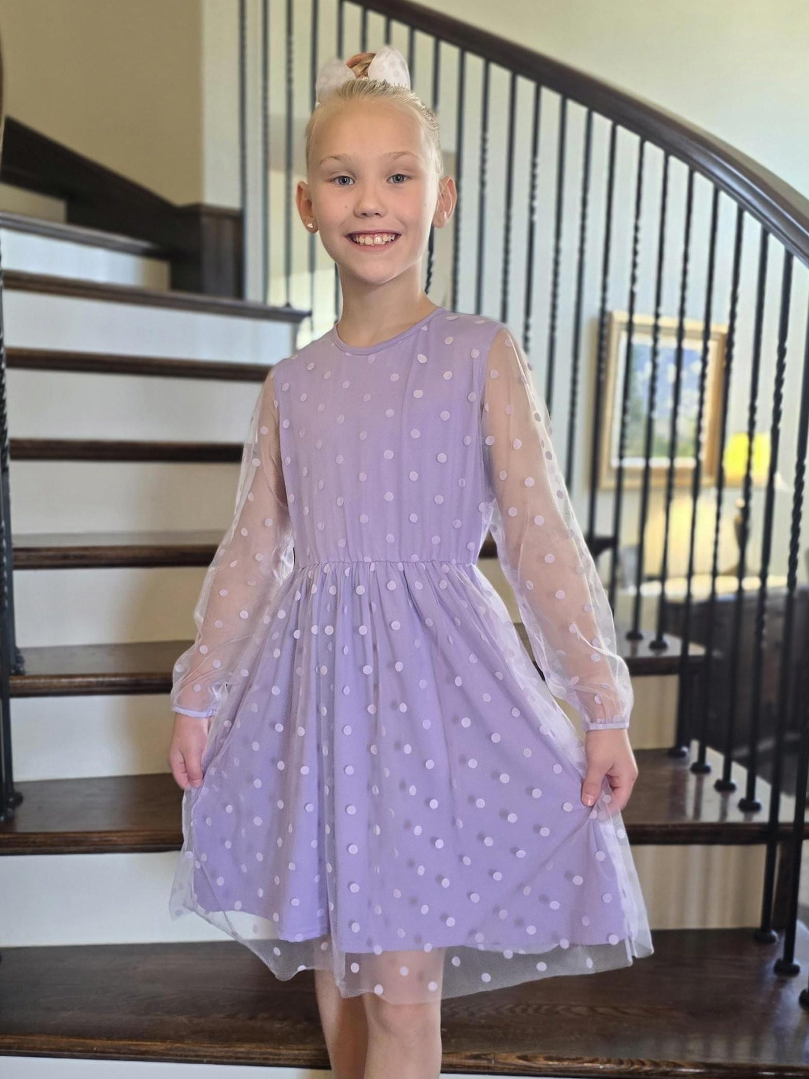 girls lavender polka dot mesh dress sparkling - Temu